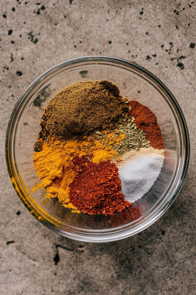 ground turmeric, paprika, nutmeg, Indian red chili powder, and ginger for the tikka spice